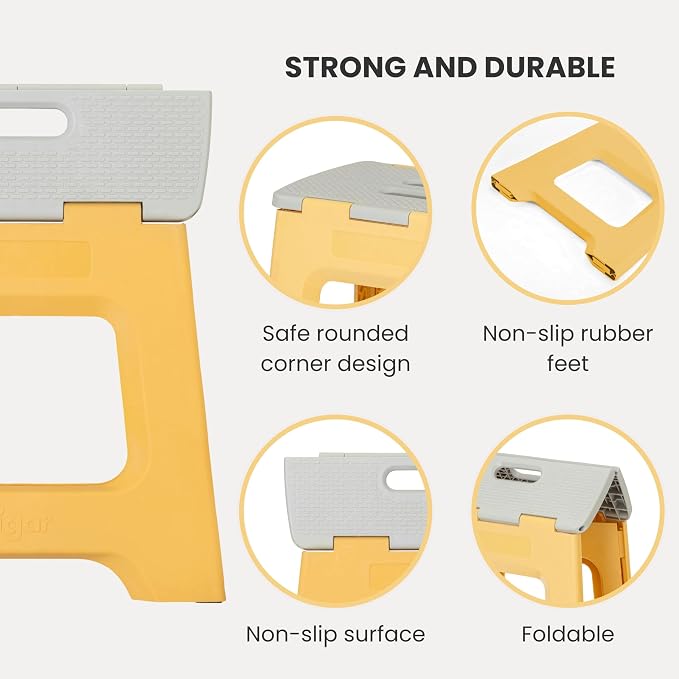 Vigar Compact Folding Step Stool - 12-1/2 Inch Foldable Step Stool for Adults, Lightweight Portable Stool with Handle, Non Slip Step Stool, Space-Saving Stool up to 330 lb - Spring Yellow