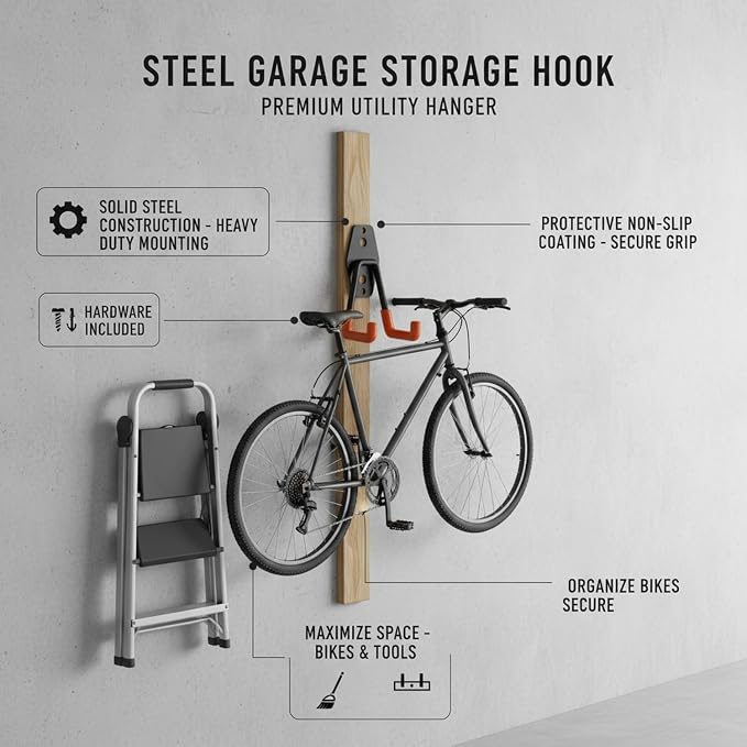 Steel Garage Wall Hook, Compact Utility Hanger for Bikes & Ladders, Space-Saving Metal Mount with Hardware (Orange, 1 Pack)