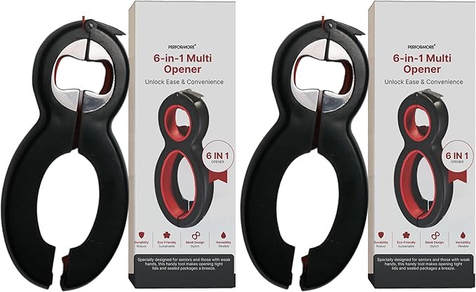 Performore 6 in One Opener - Multi Opener Kitchen Tool - Compact Jar Opener - Bottle and Jar Openers for Seniors - Grip to Open Jars and Bottles (Pack of 2)