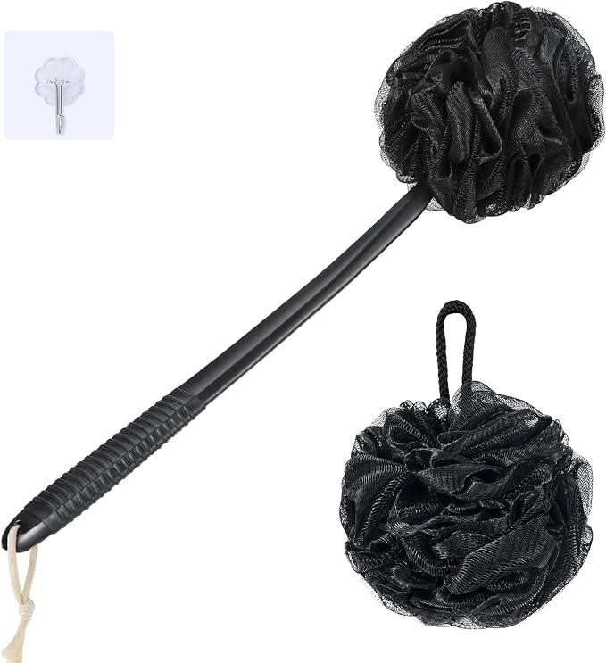 VANZAVANZU Loofah Sponge Set Loofah Exfoliating Body Scrubber, Anti-Slip Plastic 17" Handle Loofah on a Stick with Fluffy Shower Sponge, PE Soft Mesh Shower Loofahs-Black
