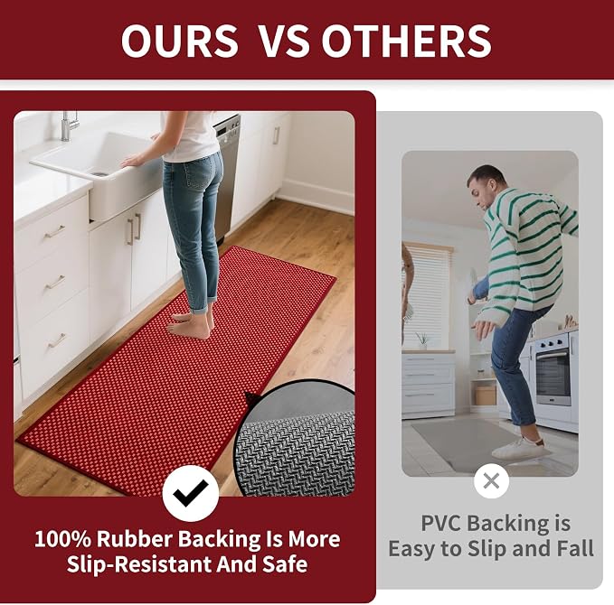 YDKGL Kitchen Rugs Mat Non Slip Washable, Super Absorbent Kitchen Mats for Floor, Rubber Backing Soft Braided Standing Floor Mats Sink Mat Runner Rug, Easy to Clean and Maintain, Red 17"x30"