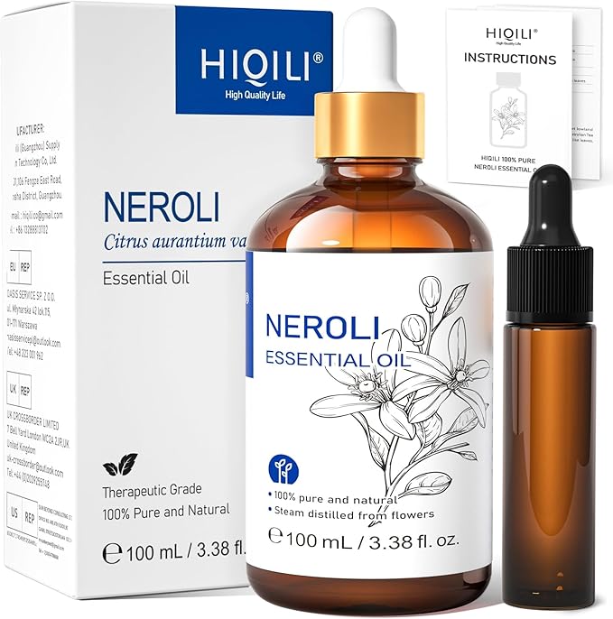 HIQILI Neroli Essential Oil 3.38 Fl Oz, Pure Natural Neroli Oil for Skin, Diffuser, Includes 10ML Travel Bottle - 100ML