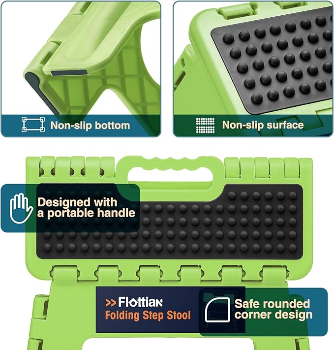 Flottian 13" Folding Step Stool for Adults and Kids Holds Up to 300 lbs,Non-Slip Folding Stools with Handle, Compact Plastic Foldable Step Stool for Bathroom,Bedroom, Kitchen,Grass Green,1PC