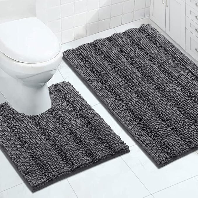 Turquoize Chenille Bathroom Rugs Set Non-Slip Bath Mats for Bathroom Super Absorbent Shaggy Rugs for Tub Shower Toilet Plush Bath Rug Plus U Contour Rug (Oversized: 24" x 36" and 20" x 24" U), Gray