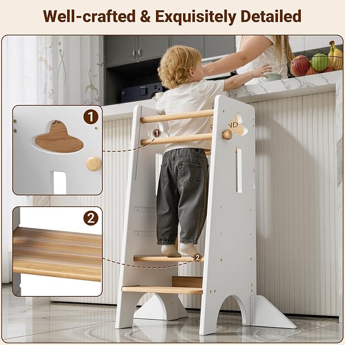 COSYLAND Toddler Standing Tower Adjustable Height (NO Wide Back Panel) - Super Stable Toddler Kitchen Stool Helper - 3 Levels Adjustable Wooden Kids Kitchen Stool (Natural & White)