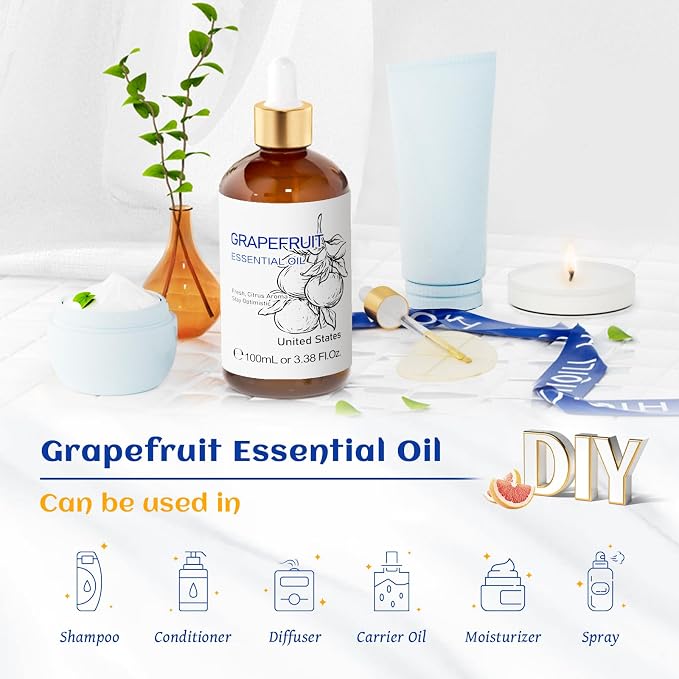 HIQILI 100 ml Grapefruit Essential Oil, for Diffuser, Skin Care, 100% Pure and Natural - 3.38 Fl Oz