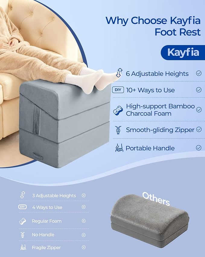 Kayfia 6 Adjustable Heights Foot Rest for Under Desk at Work, Ergonomic High-Density Bamboo Charcoal Foam Footrest, with Washable Cover, Multifunctional Leg Rest Back Pillow for Office Home