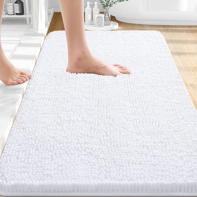 OLANLY Bathroom Rugs 30x18, Extra Soft Absorbent Chenille Bath Rugs, Rubber Backing Quick Dry, Machine Washable Bath Mats for Bathroom Floor, Tub and Shower, Home Decor Accessories, White