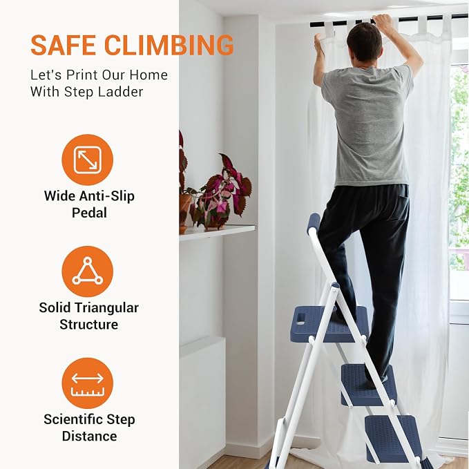 Sweetcrispy 3 Step Ladder, 800lbs Sturdy Portable Ladder, Folding Step Stool with Wide Anti-Slip Pedal, Cushioned Handle, Lightweight Step Stool for Home Kitchen and Outdoor Blue