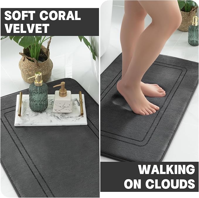 YIHOUSE Memory Foam Bath Mat Set, Non Slip Bath Mats for Bathroom, Super Soft and Water Absorbent Bath Rug Set, Machine Washable U Shape Toilet Mats, Dark Grey