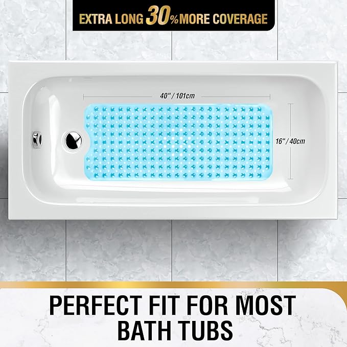 HITSLAM Bath Mat for Tub, Non Slip Bathtub Mat, 40 x 16 Inch Extra Long Bath Tub Mat, Machine Washable Bathroom Shower Mat with Suction Cups and Drain Holes, Soft on Feet, Clear Blue