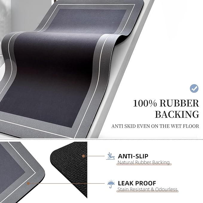 Diatomaceous Earth Bath Mat Super Absorbent Quick Dry Bath Mat, Bathroom Rugs Non Slip Washable, Thin Dark Gray Bathroom Floor Mats-Shower Rug for in Front of Bathtub Shower, Easy Care, 15.7"x23.6"