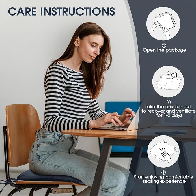 TushGuard Chair Cushions, 4 Pack Memory Foam Chair Pads, Seat Cushion, Kitchen Chair Cushions Set of 4, Anti-Slip Backing & Fixed Straps,Blue