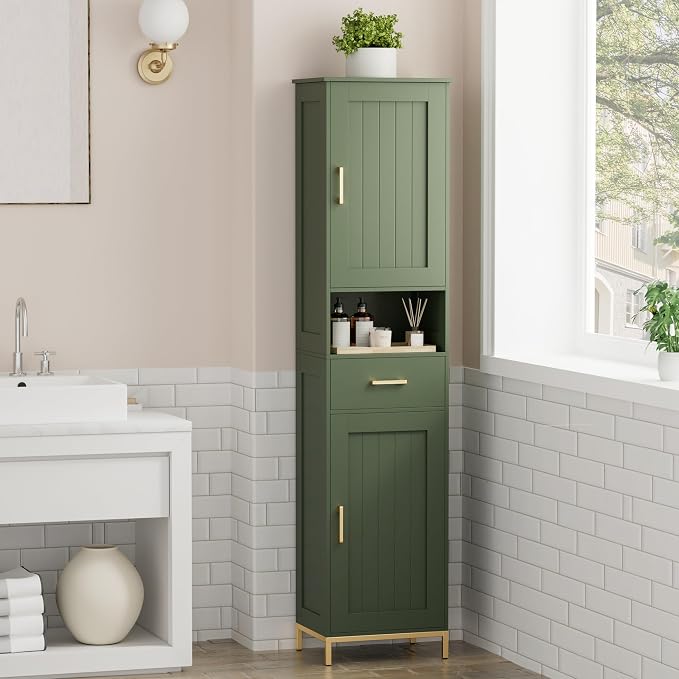 Homhedy 67" H Bathroom Storage Cabinet, Tall Storage Cabinet with Adjustable Shelves, Freestanding Cabinet with Doors and Drawer, Narrow Cabinet for Bathroom, Living Room, Kitchen, Dining Room, Green