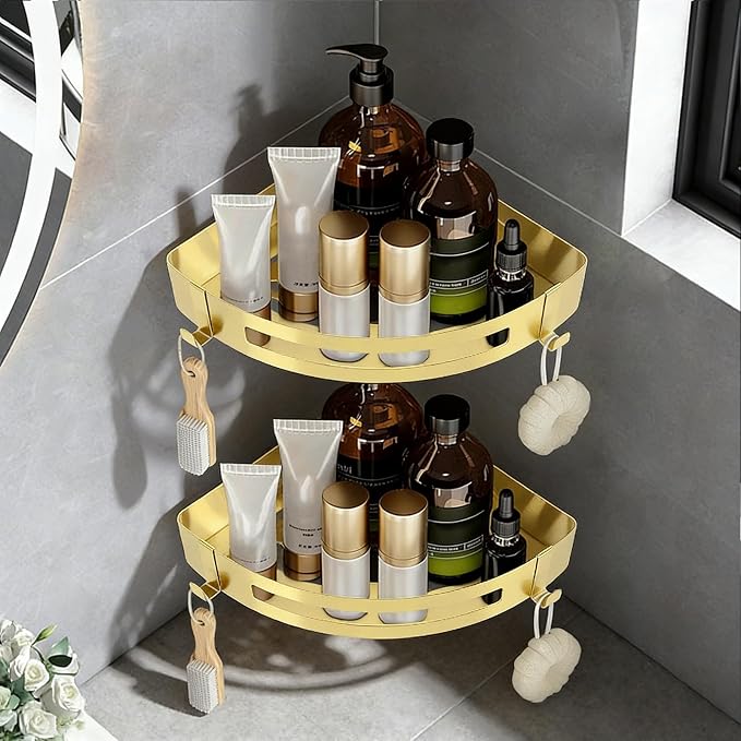 NearMoon Bathroom Shower Caddy 2 Pack, 304 Stainless Steel Shower Organizer with 2 Hooks, No Drill (Corner Shelf, Gold)