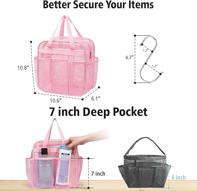 F-color Mesh Shower Caddy Portable with Zipper - Upgrade Deeper 7 Pockets Dorm Room Essentials for Guys Girls with S Hook, Shower Bag Basket Tote for College Camping Toiletry Bathroom, Pink