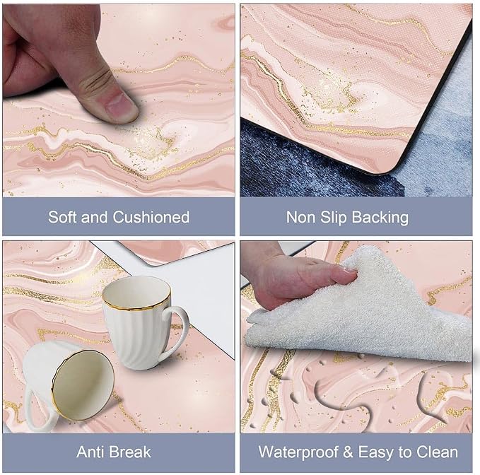 Mrcrypos Pink Gold Marble Kitchen Mats for Floor Set of 2 PVC Kitchen Rug Waterproof Cushioned Anti Fatigue Comfort Mat Non Slip Standing Mat Laundry Kitchen Accessories 17"x29"+17"x47"