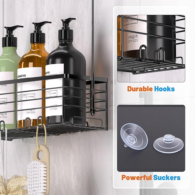 YUOROS Hanging Shower Caddy, Over the Door Shower Organizer Rack 304 Stainless Steel Rustproof Bathroom Storage Shampoo Holder Basket (Black)