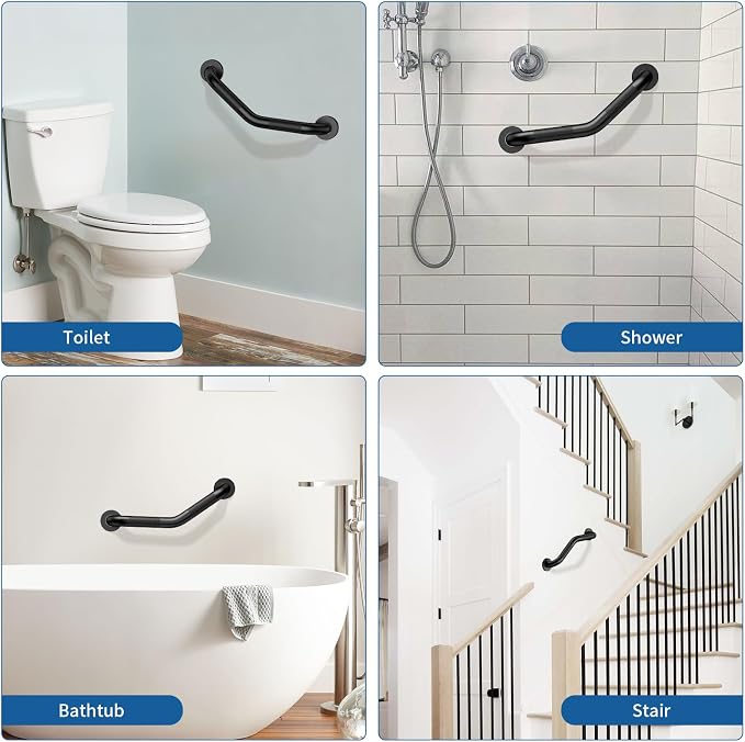 16 Inch Angled Shower Grab Bar,Munzong Black Anti Slip Bathroom Grab Bar, Knurled Bathroom Balance Bar,Safety Hand Rail Support Handicap Elderly Injury Senior Assist Bath Handle