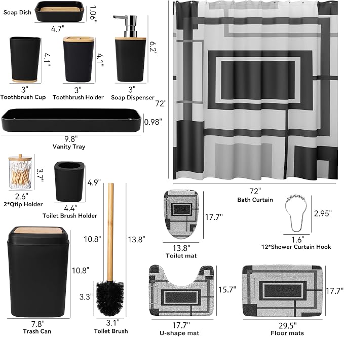 XLHOMO Black and Gold Bathroom Accessories Set - 24PCS with Shower Curtain, Rugs, and Waterproof Curtain Set