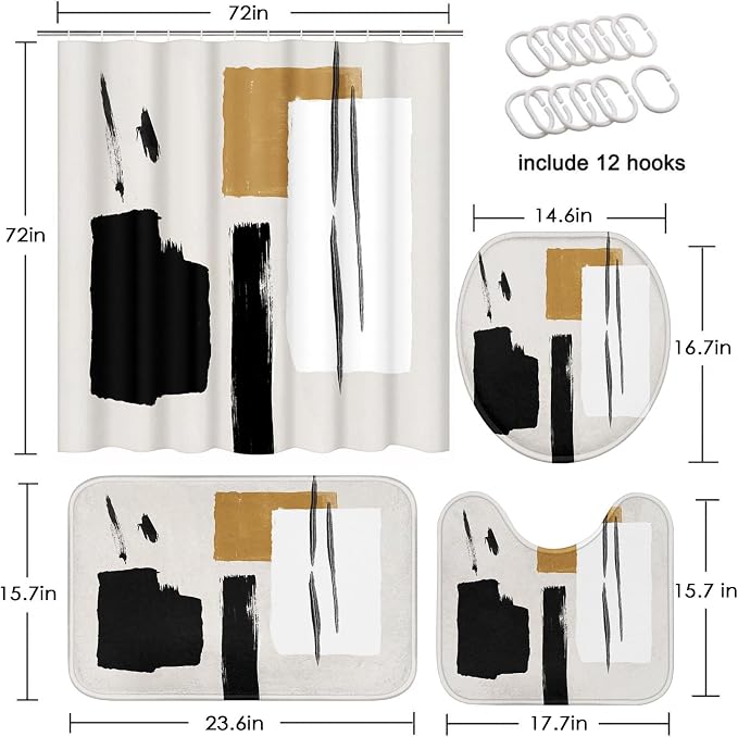 Boho Mid Century Shower Curtain Set with Toilet Lid Cover and Non-Slip Rugs, Abstract Line Art 4 Pcs Shower Curtain, Modern Minimalist Geometric Bathroom Set Decor with 12 Hooks