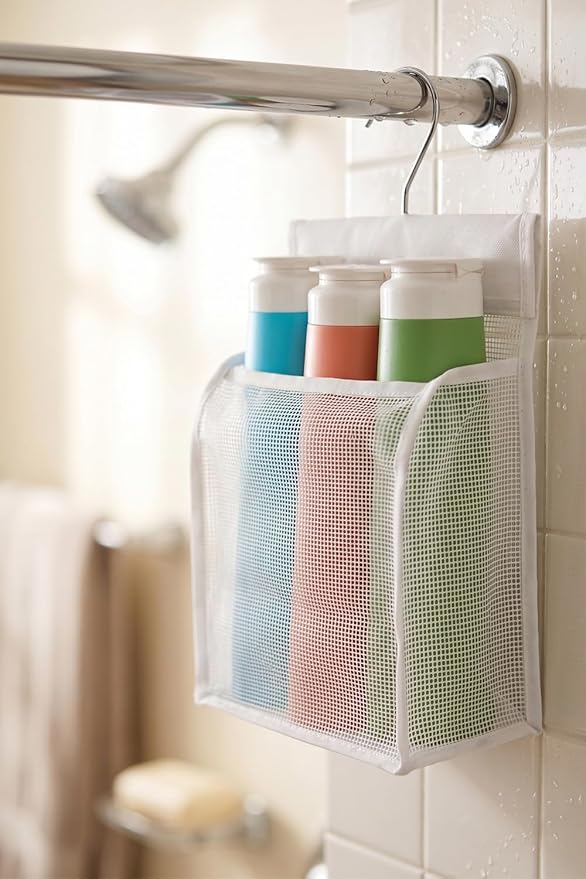 ALYER Hanging Mesh Shower Caddy Organizer Bathroom Storage Bag with Hooks for College Dorm, Gym, Swimming,RV and Travel,White
