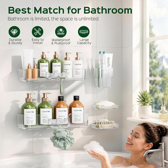 HAMITOR Adhesive Shower Caddy for Bathroom：5 Pack Clear Bath Shelves No Drilling for Modern Renters & Home Decor - Rustproof Acrylic Shower Organizer for Bathroom Storage