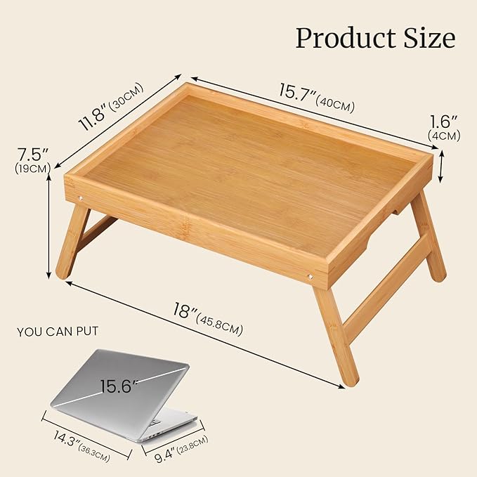Fibogollo 2 Pack Bamboo Bed Tray Table with Folding Legs,Breakfast Trays,Serving Tray for Food and Snack,Laptop Trays for Working(Natural)