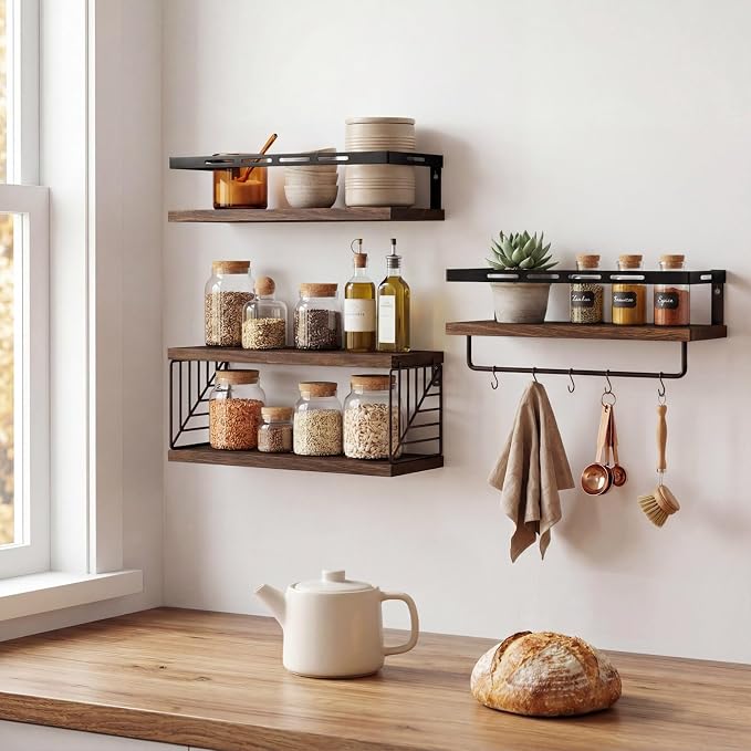 Fixwal Wall Mounted Bathroom Shelves Over Toilet, Rustic Wood Floating Shelves with Metal Frame and Towel Bar for Bathroom, Kitchen, Bedroom, Living Room (3 Plus 1 Dark Brown)