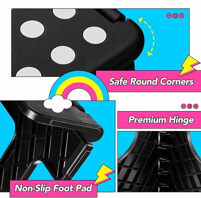 Delxo Folding Step Stool for Kids and Adults,15-Inch Extra Wide 9 Inch 2 Pack Height Heavy Duty Stepping Stool More Safe and Comfortable Non Slip Foldable Step Stool Black