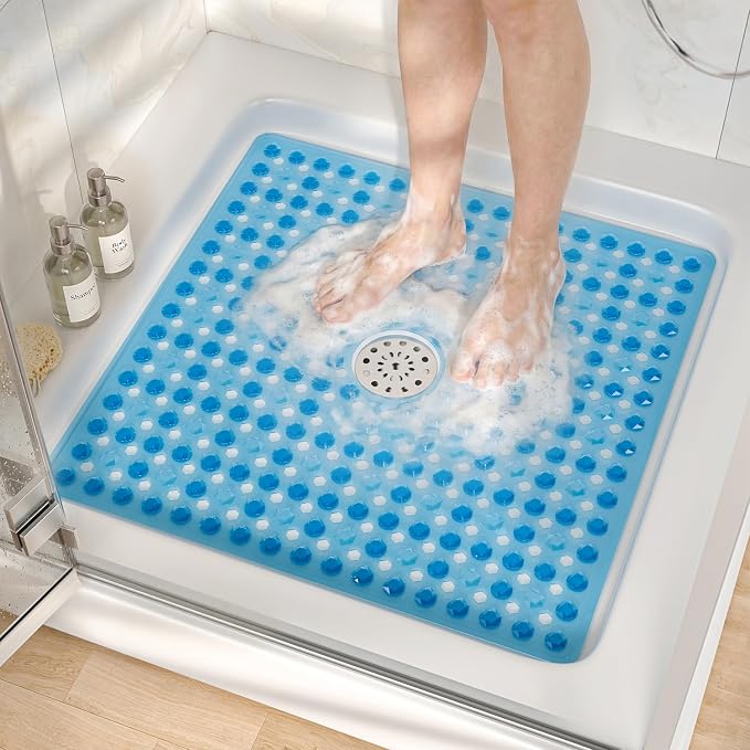 HITSLAM Non Slip Shower Stall Mat with Center Drain Hole, Diamond Textured PVC Bath Mat for Inside Shower, Machine Washable, Strong Suction Cups for Bathroom Bathtub Mat, 24x24 Inch, Blue
