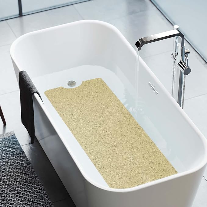 HITSLAM Non Slip Bathtub Mat 40 x 16 Inch, Extra Long Bath Mat for Tub, Soft PVC Loofah Shower Floor Mat with Drain, Quick Drying Bathroom Tub Mat for Wet Area, Without Suction Cup, Beige