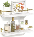 RICHER HOUSE Bathroom Shelves, Small Floating Wall Shelf for Bathroom Decor, Wall Mounted Wood Shelves, Bathroom Organizer Over Toilet Storage, Guard-Rail Kitchen Shelves Set of 2 - White Gold