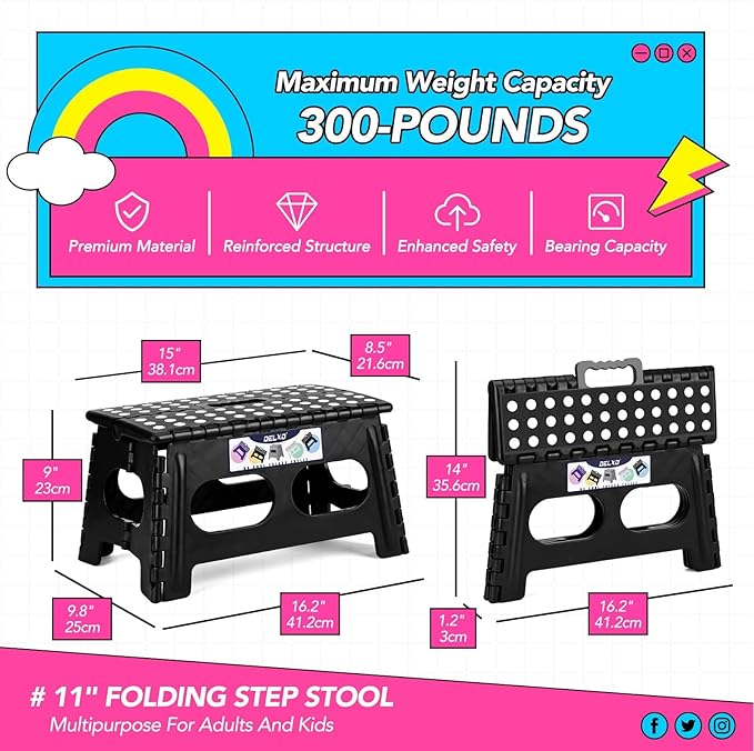 Delxo Folding Step Stool for Kids and Adults,15-Inch Extra Wide 9 Inch 2 Pack Height Heavy Duty Stepping Stool More Safe and Comfortable Non Slip Foldable Step Stool Black