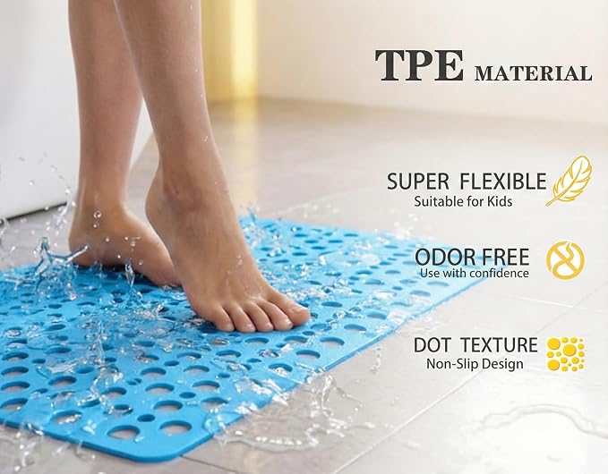 Nonslip Bathtub Mat Extra Soft TPE Bath Mat for Kids, Machine Washable Bathroom Shower Mat, Smooth/Non-Textured Tubs Only, 30L x 17W Inch (Lake Blue)