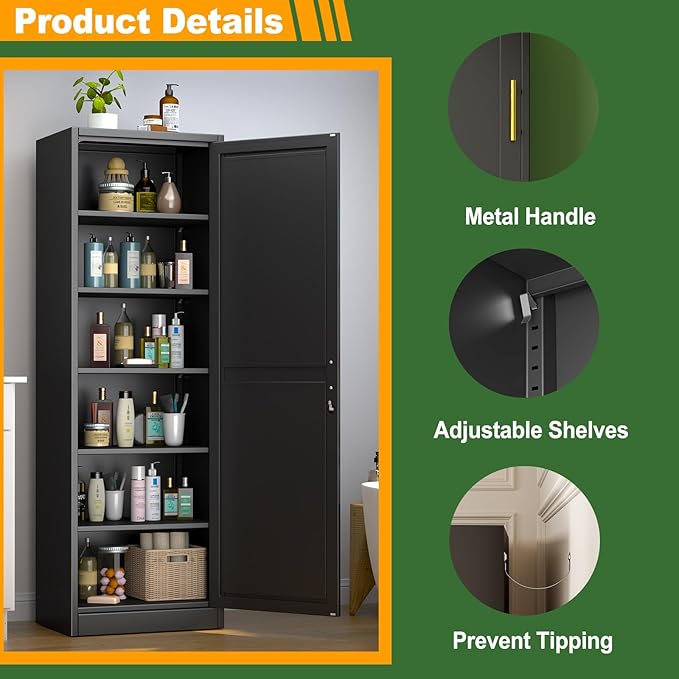 Ckzbx Metal Locker Tall Narrow Storage Cabinet, 67" H Locking Tool File Cabinets Snack Locker Organizer for School Classroom,Bedroom,Gym Home Office,Entryway and Hallway (20" W 1Door Black)