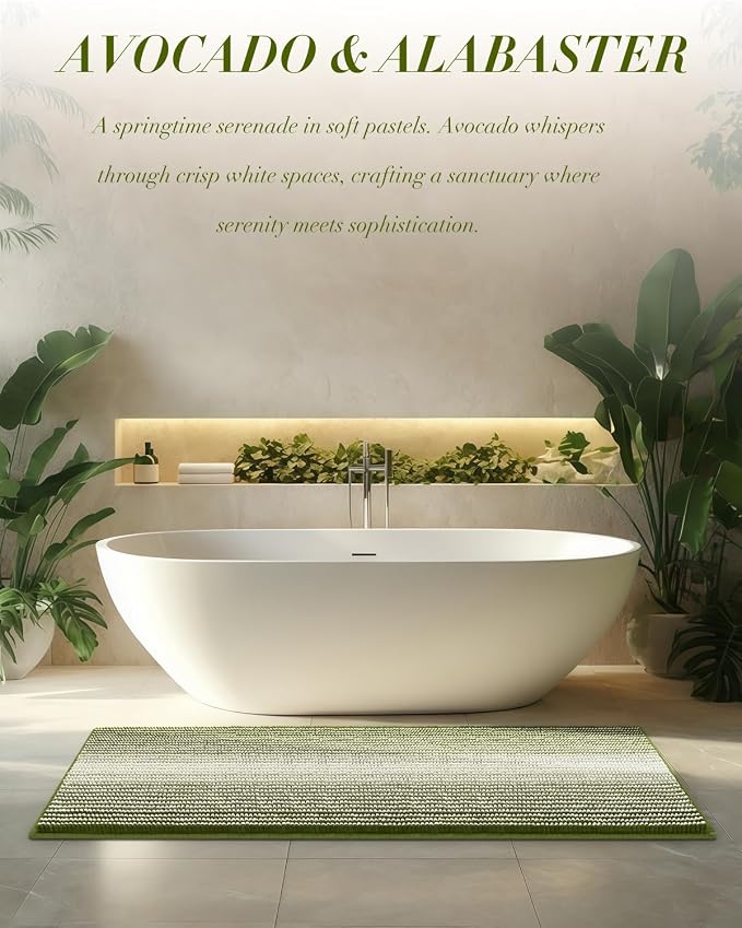 BSICPRO Chenille Bathroom Rugs, 24 x 43 Inches Non Slip Absorbent Bath Mat, Soft Shaggy Shower Bath Floor Mats for Bathroom, Machine Washable(Sage)