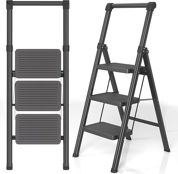 Foldable Step Ladder Stool for Home,3 Step Stool with Wide Anti-Slip Pedal, Heavy Duty 600Lbs Ladder for Indoor Kitchen Closet Stair Use, Black