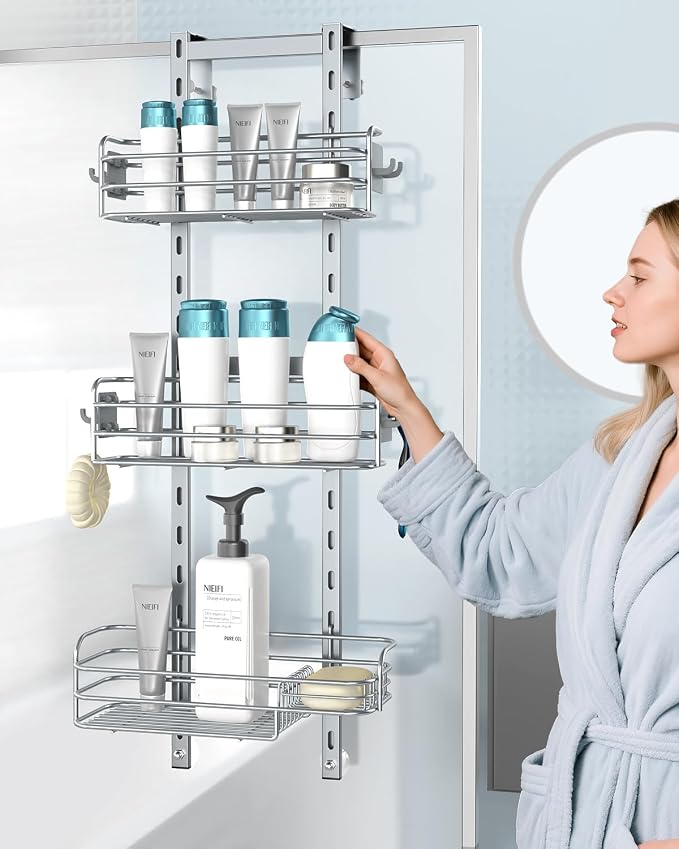 Nieifi Over The Door Shower Caddy Pantry Organizer Rack, Adjustable Hanging Shower Organizer Shelf Basket Storage Rack, Bathroom Shelves Drill Free Extra Large, Silver