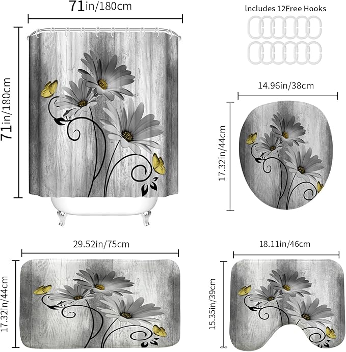 Onalasyc 4PCS Grey Daisy Flowers Butterfly Shower Curtain Set with Shower Curtain and Carpet and Accessories, Waterproof Bathroom Shower Curtain Decorative Set with 12 pcs Hooks,71 x 71in