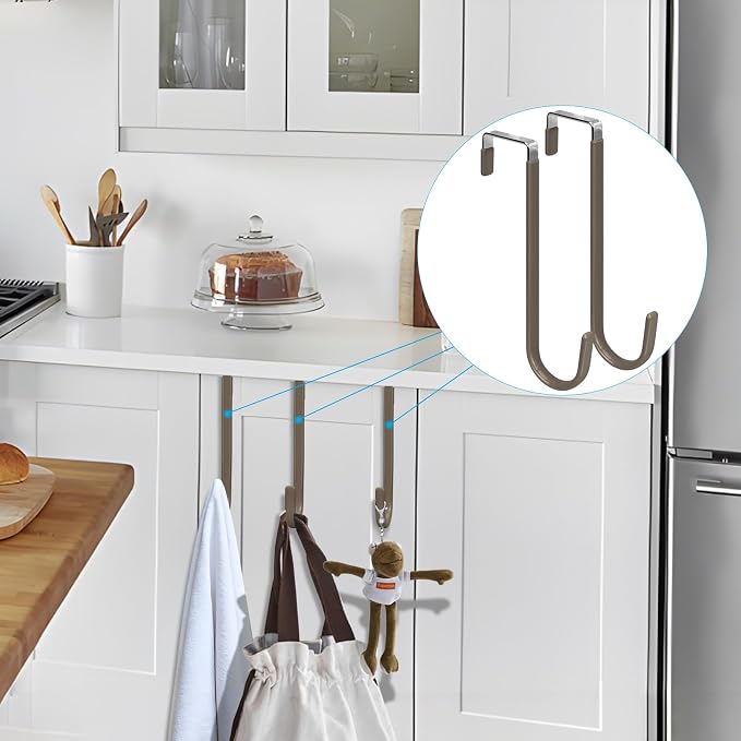 FYY Over the Door Hooks, 4 Pack Upgraded Long Door Hangers Hooks with Rubber Prevent Scratches Heavy Duty Organizer Hooks for Hanging Clothes, Towels, Hats, Coats, Bags Brown