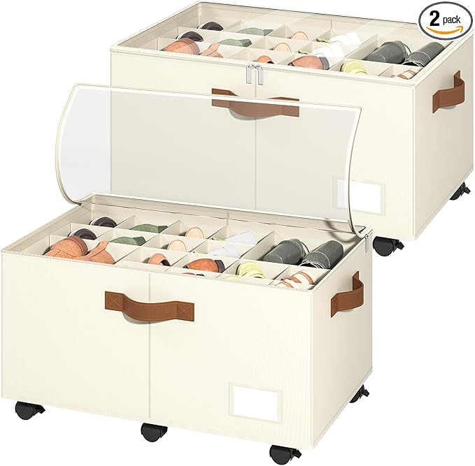Shoe Organizer for Closet, 2 Pack Shoe Storage Organizer with Wheels and Adjustable Dividers, Stackable Shoe Storage Box with Clear Cover, Foldable Closet Shoe Organizer Fits up to 24-48 Pairs, Beige