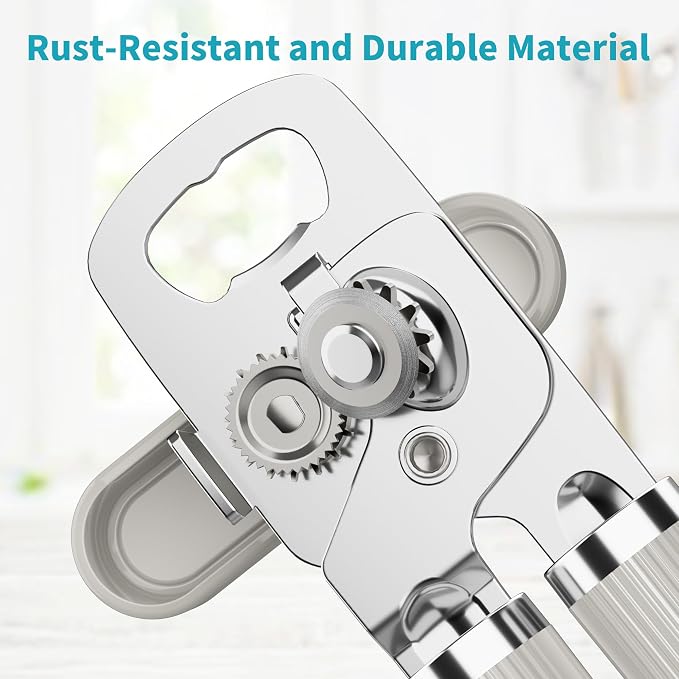 Ultrean Manual Can Opener Bottle Opener, Heavy Duty Stainless Steel Smooth Edge Manual Hand Held Can Opener With Soft Touch Handle, Rust Proof Oversized Handheld Easy Turn Knob (Light Gray)