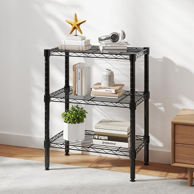 DUMOS 3-Tier Metal Wire Storage Shelves, Adjustable Standing Storage Rack Shelf, Heavy Duty Steel Shelving Unit Organizers for Kitchen Bathroom Pantry Garage, 23.2" Wx13.4 Dx30.1 H, Black