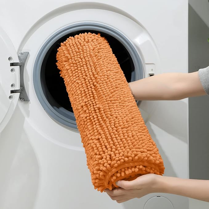 HOMEIDEAS 3 Pieces Bathroom Rugs, Ultra Soft Non Slip Absorbent Chenille Toilet Bath Mat Set (Orange)