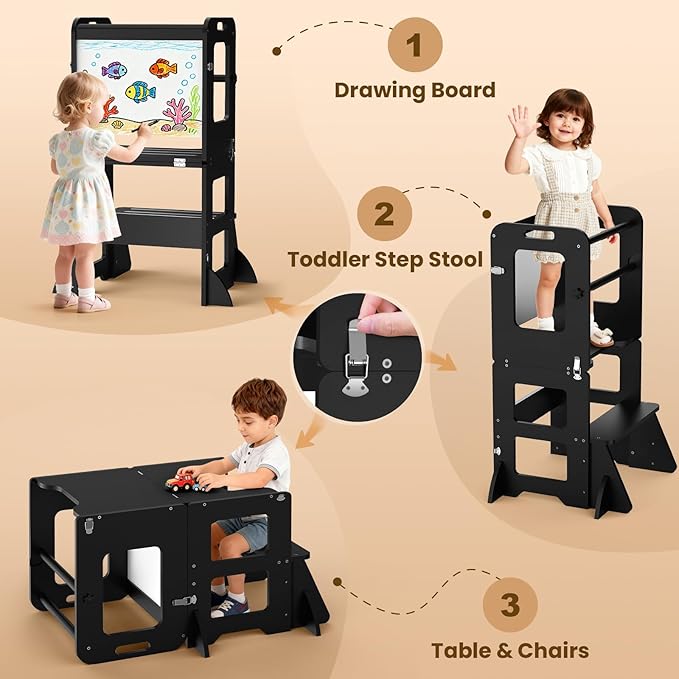 Woodure 4-in-1 Toddler Kitchen Step Stool, Learning Standing Tower with Whiteboard, Wooden Kitchen Stool Helper for Kids, 1-3 Year Old Boy Girl Gifts-Black