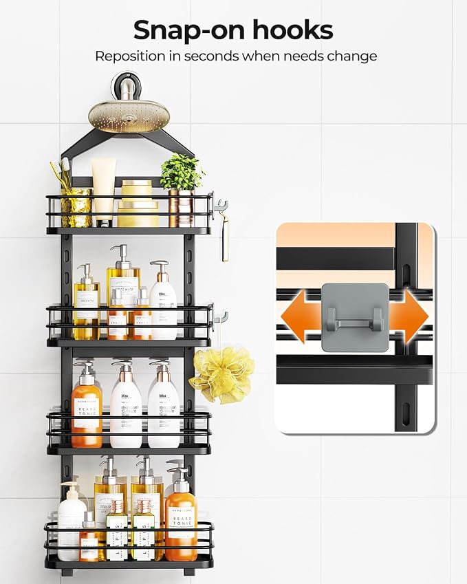 ODesign 4 Tier Height-Adjustable Shower Caddy Hanging Anti-Swing-Over The Shower Head Caddy-Sho wer Storage Organizer Bathroom Shelves Basket Caddies-Black