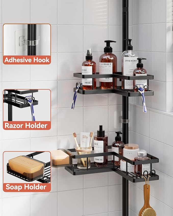 YASONIC Corner Shower Caddy Tension Pole, 25.7-109.1in Adjustable Shower Shelves, Rust-Resistant Shower Organizer, No-Drill 3-Step Installation, Bathroom Shelves for Renters & Family, Black