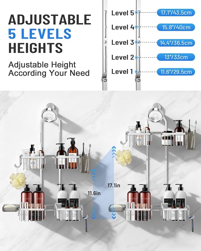 Adjustable Shower Caddy Hanging for Handheld Showerheads - Upgraded Never Rust Shower Hanging Organizer, Bathroom Shower Rack with Soap Basket, Hooks and Toothbrush Holder (Shiny Silver)