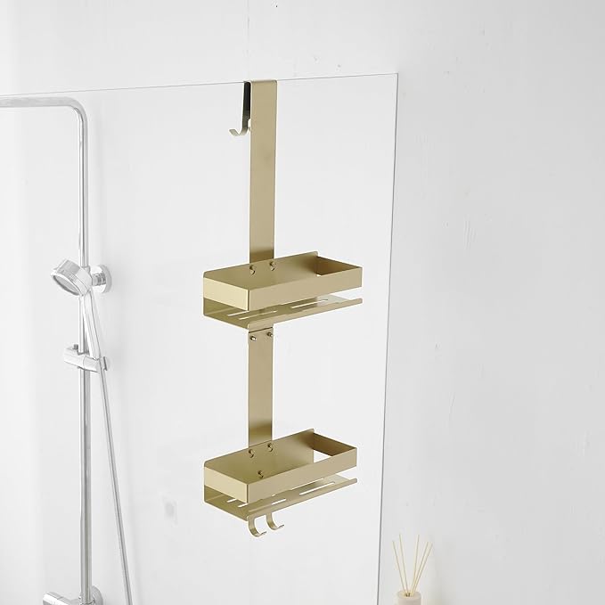 Gold Shower Caddy Over Shower Door - 2 Tier Hanging Shower Caddy Organizer No Drilling, Shower Storage Shelf for Indoor Shower, Bathroom, Bedroom, Kitchen